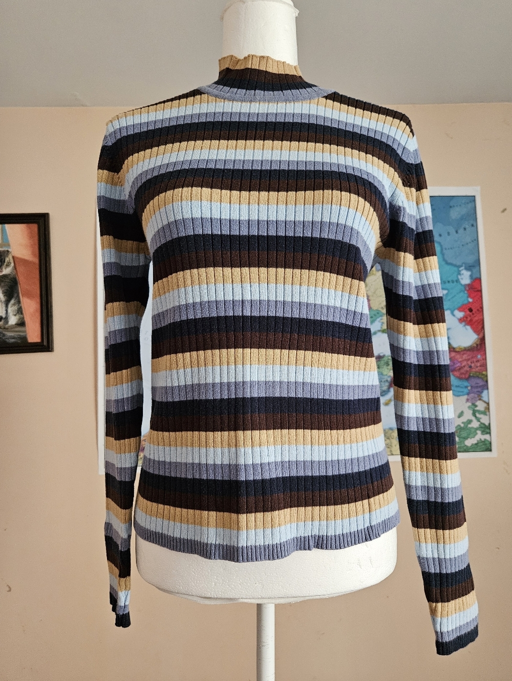Blue Brown Striped Multicolor Turtleneck Sweater